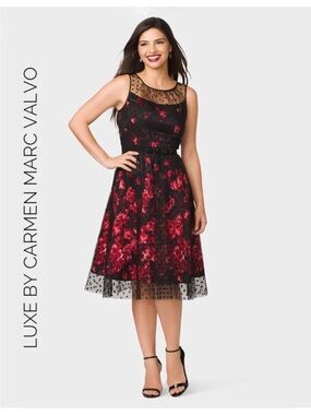 Luxe by Carmen Marc Valvo party cocktail dress black tulle red pink floral sz 4